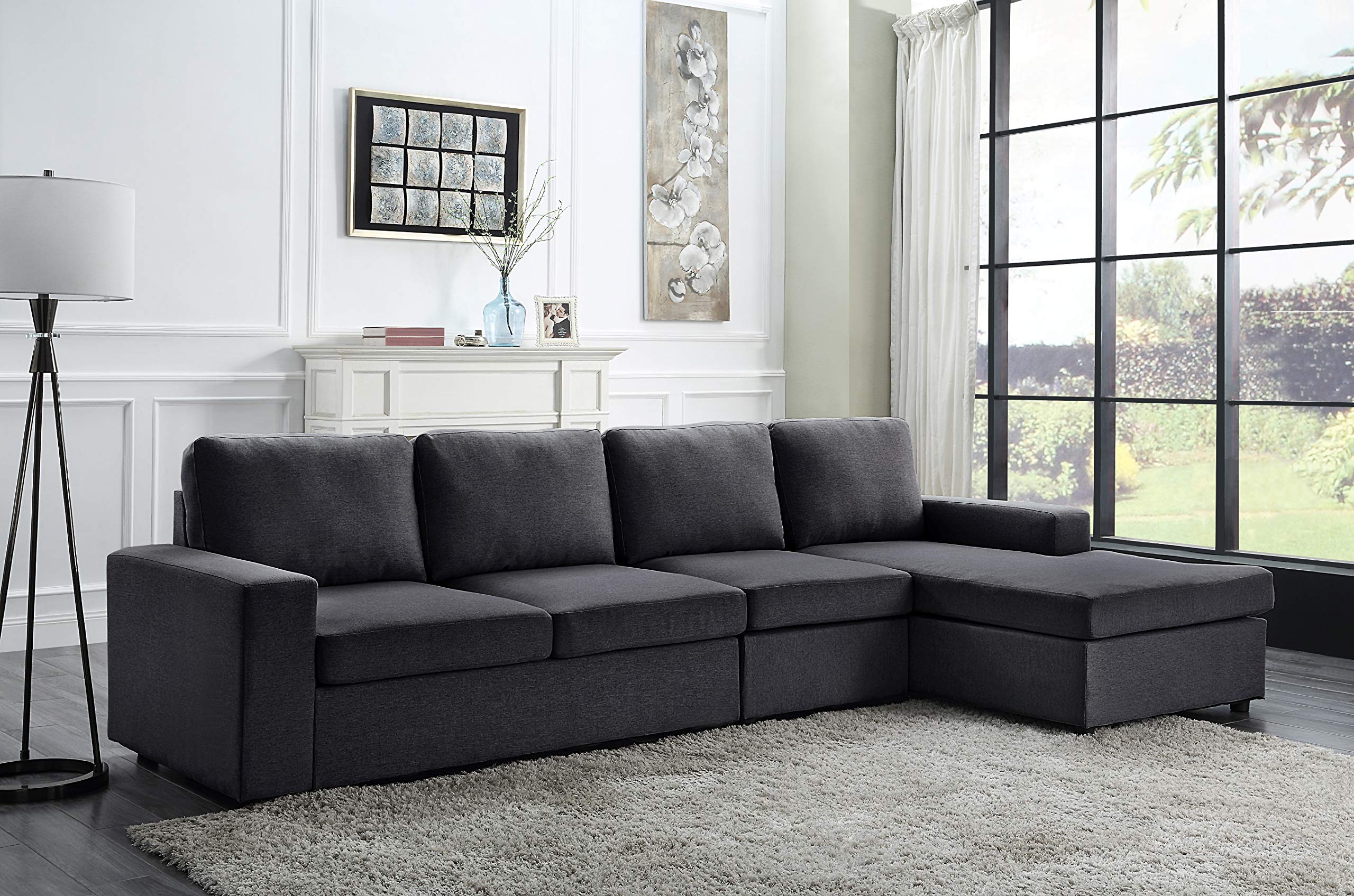 Lilola Home Dunlin Sofa with Reversible Chaise in Dark Gray Linen